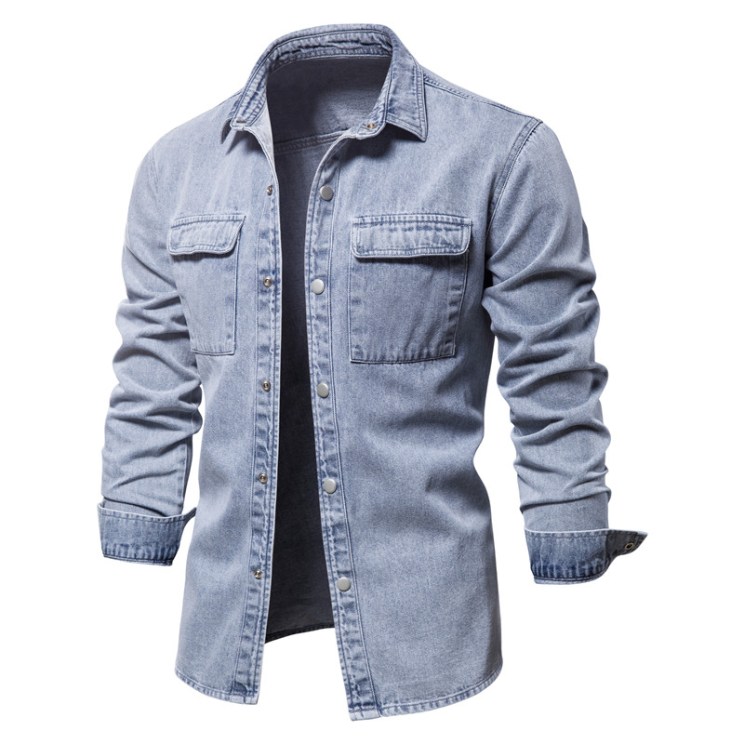 Spring Men Denim Shirts Casual 100% Cotton High Quality Solid Color Thick Long Sleeve Shirt for Men Classic Denim Jacket
