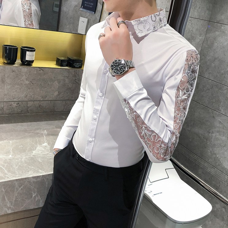British Style Sexy Lace Long Sleeve Shirt Men Fashion Streetwear Slim Fit Men Casual Shirts Night Club Prom Tuxedo 4XL-M