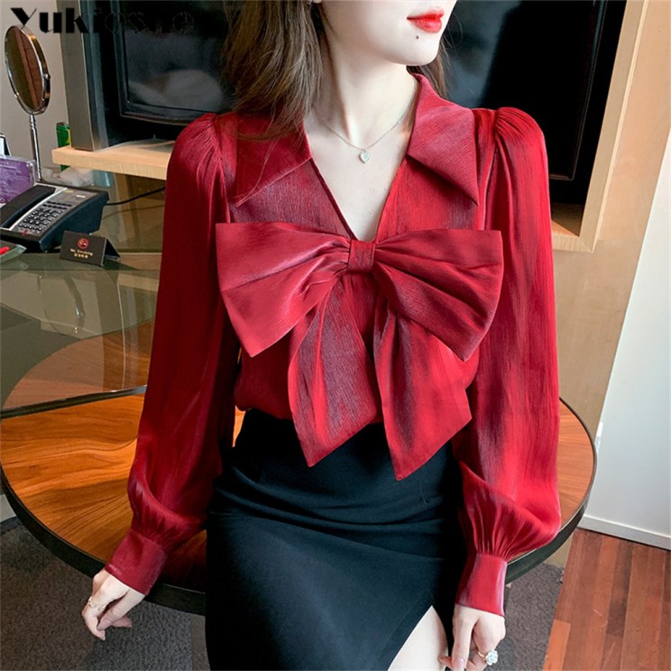 Elegant Women's summer blouses bow chiffon woman tops women shirt blouse blusas blusa feminina long sleeve top female mujer