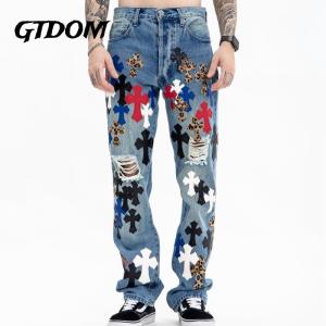 GTDOM Washed Distressed Blue Jeans 2022 Autumn Winter New Cross Embroidery Loose Casual Men Clothing Straight Leg Jeans
