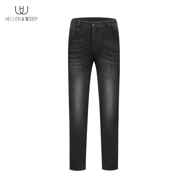 HELLEN&WOODY Black Slim Fit Washed Jeans for Man French Light Luxury Brand Trend Ins High Street Microelasticity Pant Homme
