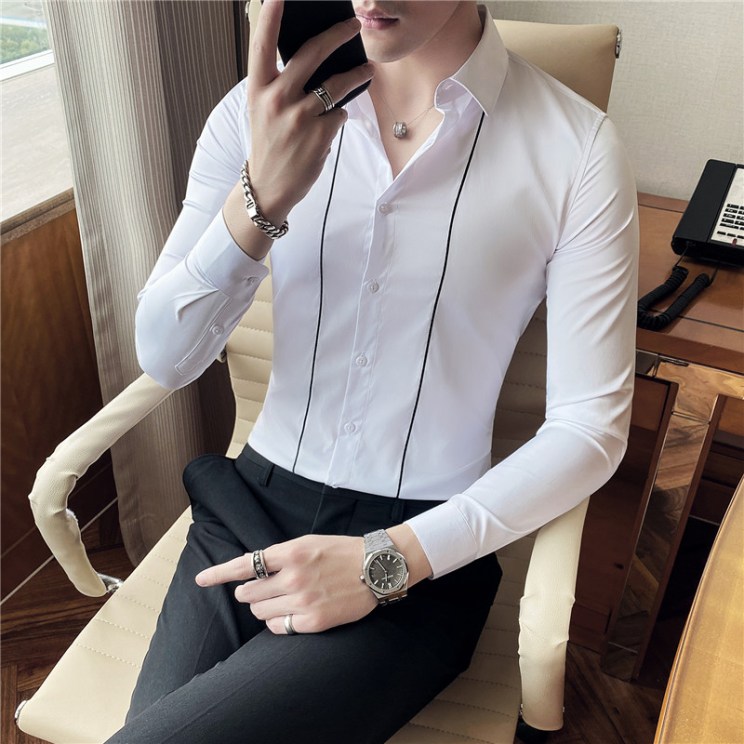 High Quality Simple Long Sleeve Embroidery Stripes Shirts Men Clothes All Match Slim Fit Casual Blouse Homme Plus Size 4XL