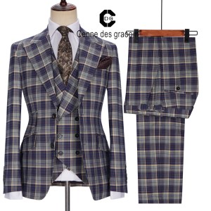( Jacket + Vest + Pants ) Cenne Des Graoom Men Suits Set Tailor-Made Costume Homme Blue Plaid Formal Casual Wedding Groom 919-1
