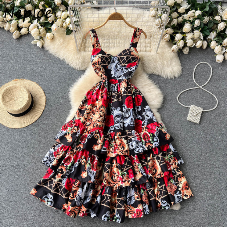 Neploe Summer New European American Palace Style Vestido High Waist Cake Robe Femme Mid-length Printed Suspender Dress