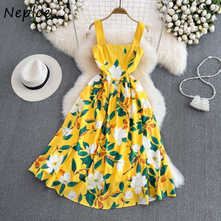 Neploe Seaside Holiday Beach Dress Fashion Sleeveless Backless Waist Thin Printed A-line Vestido Elegant Large Swing Long Robe