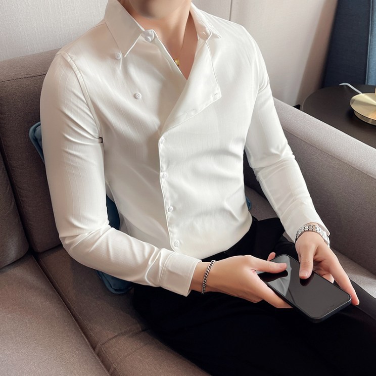 Plus Size 4XL-M Autumn New Solid Partial Placket Striped Shirt Men Clothing Simple All Match Slim Fit Long Sleeve Chemise Homme