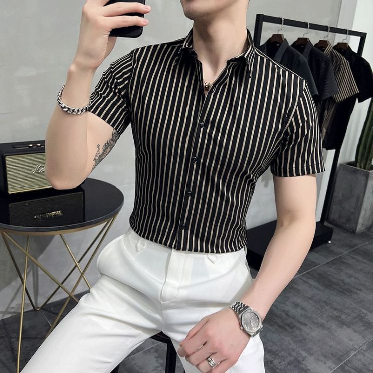 Plus Size 4XL-M Summer Business Formal Wear Short Sleeve Striped Shirts Men Clothing Slim Fit Casual Office Chemise Homme