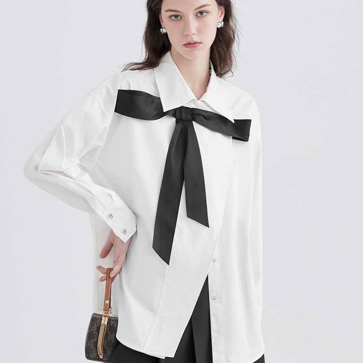 Syiwidii Bow Women Button Up Shirt Ladies Tops Blouse Casual Loose Fashion Turn-down Collar Striped Covered Button White