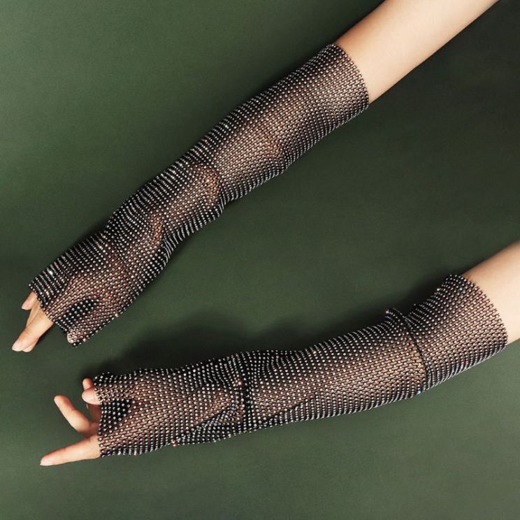 Women Full Glitter Rhinestone Arm Warmer Sleeves Summer Sunscreen Nightclub Hollow Plaid Mesh Fishnet Fingerless Gloves
