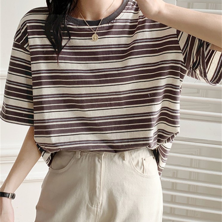 Yitimoky Y2k Tops Striped Woman Tshirts Summer New Office O-Neck Harajuku Clothing Casual Korean Fashion Cotton Loose Tees