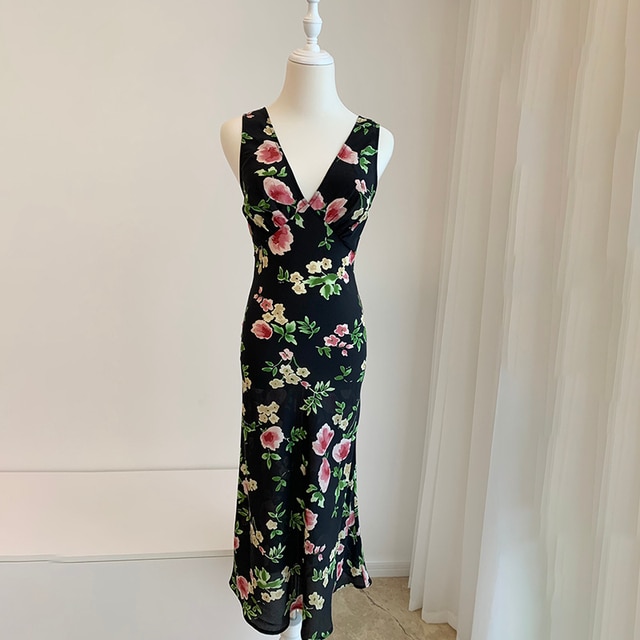 Spring And Summer New Products Australian Niche 100% Silk Crepe De Chine V-Neck Moon Flower Dress