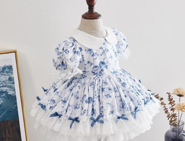 2PCS Baby Clothing Summer Spanish Lolita Ball Gown Lace Bow Print Design Turkey Vintage Princess Dresses For Girls Eid Y2925