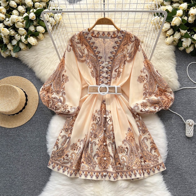 AELEWELL Women Dresses Spring Runway Fashion Paisley Print Vintage Dress V Neck Long Lantern Sleeve Belted Mini Dress