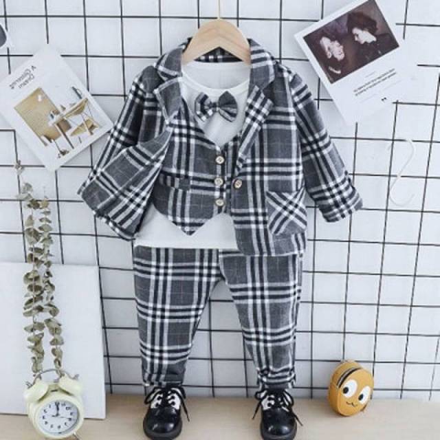 Boys' Gentleman Casual Plaid Shirt Suspender Suit Autumn New Children's First Year Dress Gentleman Suit