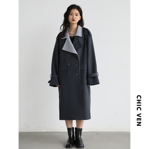 CHIC VEN Women Trench Solid Loose Contrast Double Collar Double Breasted Long Women's Windbreaker Coat Office Lady Spring