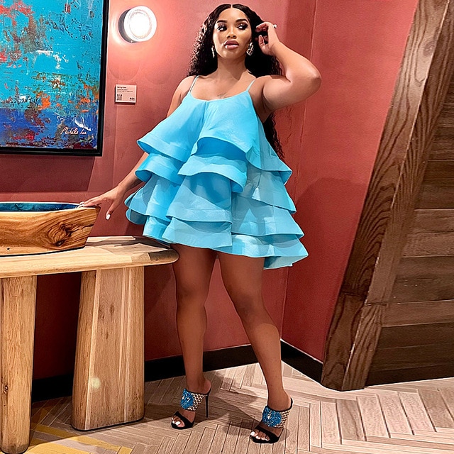 CM.YAYA Women Spaghetti Strap Tierred Big Swing Sleeveless Ball Gown Mini Dress Vintage Party Evening High Street Dresses