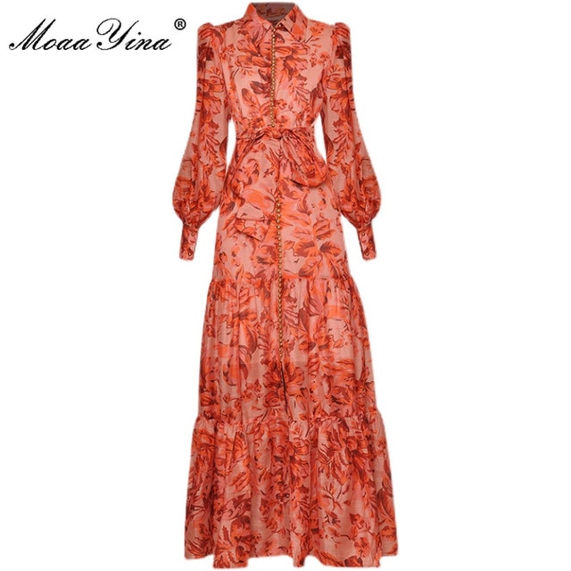 MoaaYina New Fashion Designer Summer Dress Women's Lantern Sleeve Single-breasted Lace up Floral print Party Midi Dress
