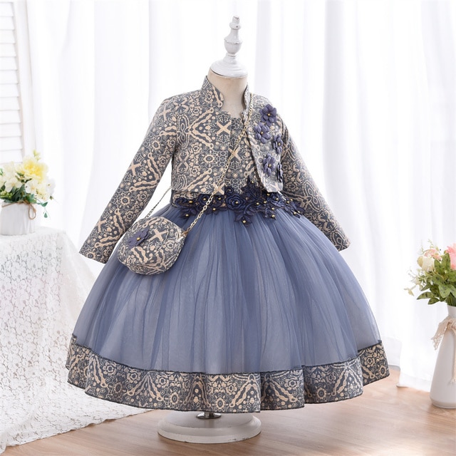 Outong 3pcs Spanish Style Dress Cotton Lining Jaquard Fabric Girls Kids Fashion Clothes Children Dresses Mandarain Collar Coat
