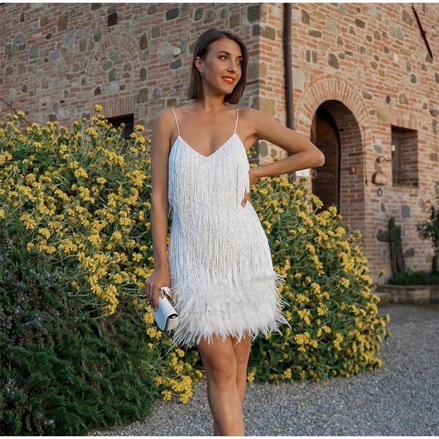 Sexy Women's Fringed Sequin Feather Stitching Dress Summer Slim V-Neck Off Shoulder Dresses Female Backless Slip Mini Robe