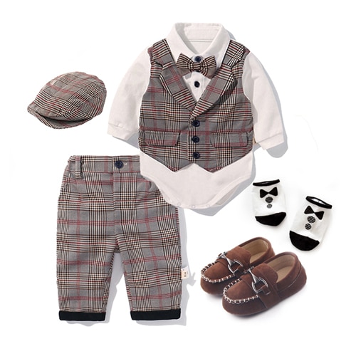 Toddler Boys Clothing Set Spring Baby cotton plaid Children Kid Clothes Suits 5pcs birthday Party Costume 1 2 3 Year Gift