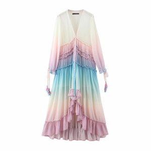 Women's Summer Bohemian Dress Printing Gradient Elegant Maxi Dress Patchwork Rainbow Color Party Dress Ruffles Sweet Vestidos