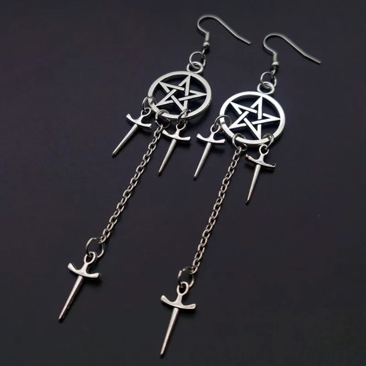 Pentagram earrings, Gothic jewelry, punk, dagger, willow stud, spike, pagan, witchcraft, alternative, ear hook For Women Girls