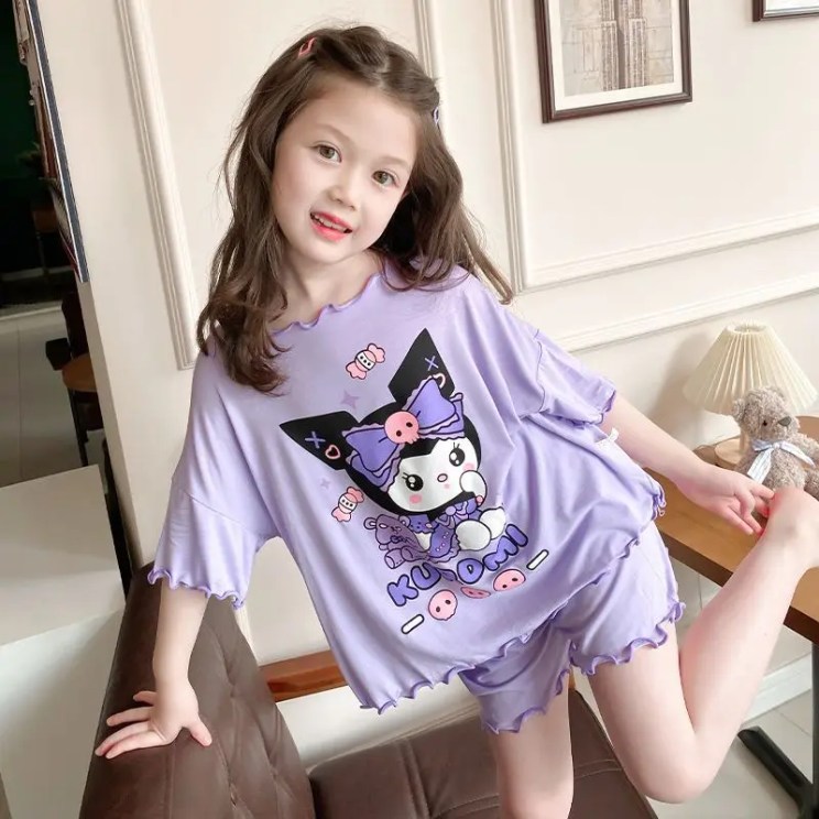 Kuromi Pajamas Girl T-Shirt Summer Short Sleeved Set Children Sleepwear Kawaii Cartoon Home Clothes Baby Nightgown Kid Cute Gift