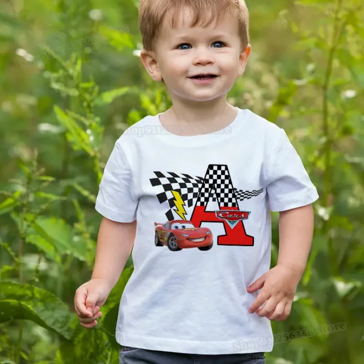 Disney Cars Letter A-Z Pprint Tshirt White Kids Name Combination Tops for Child Birthday Party Wear Lighting MC Queen Clothes
