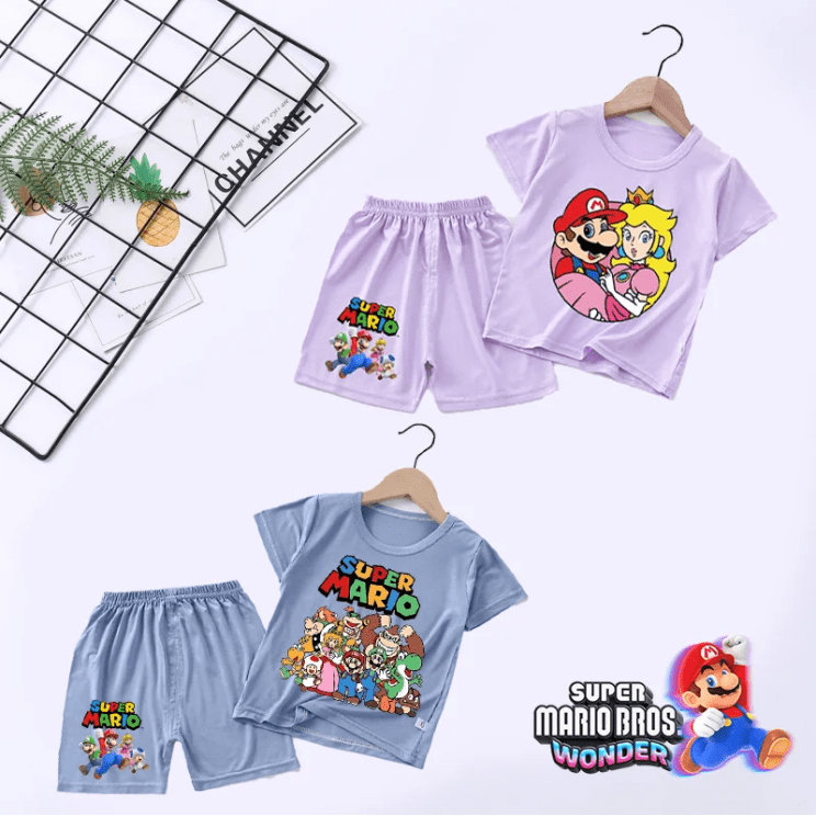 Super Marios Bros Pajamas Child Cute Cartoon Print Nightshirt Set Kids Summer Loungewear Princess Peach Boys Girl Home Clothes