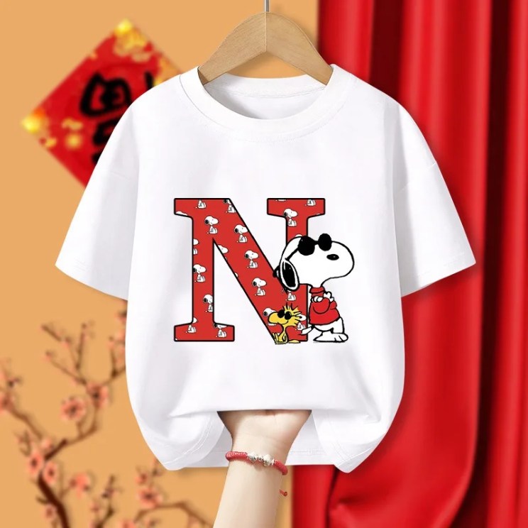 Snoopy Kids Clothes Boys Girls Cute T-shirts Cartoon Anime Letters A-Z Print Tee Children Summer Fashion Tops Child Party Gifts