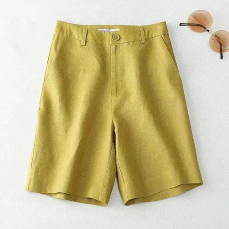 Women Summer Shorts Pocket Breathable Solid Color Women Shorts Straight Knee Length Loose High Waist Wide Leg Lady Shorts