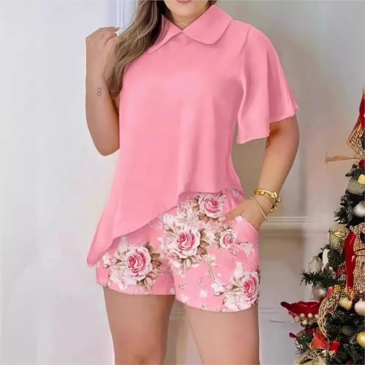 New Summer Women's Two Piece Sets Elegant Lapel Short Sleeeve Asymmetrical Hem Solid Top & Pockeet Floral Print Shorts Outfits