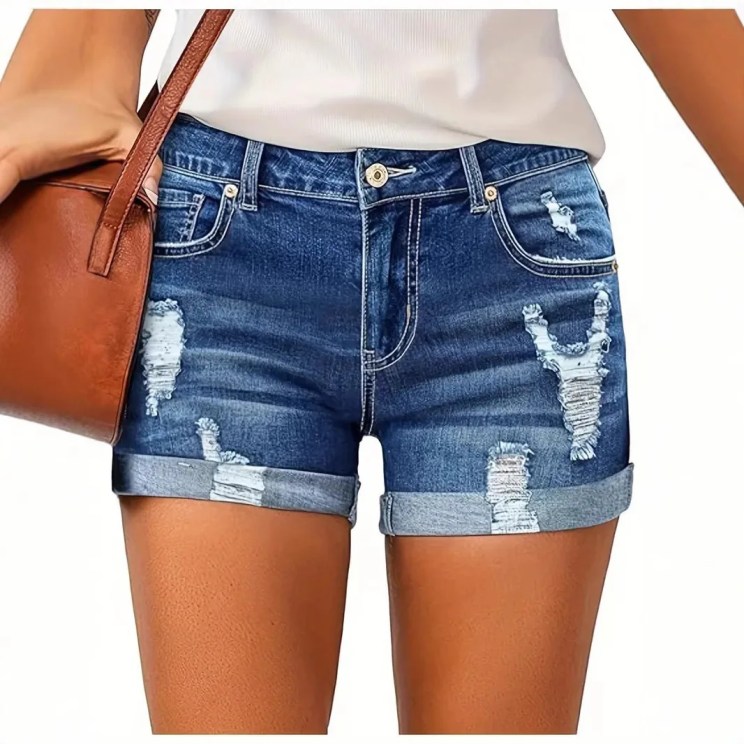 Shorts Jeans Women Hole Denims Straight Stretch High Waist Ripped Distressed Washed Streetwear 2025 Summer Vintage Short Pants
