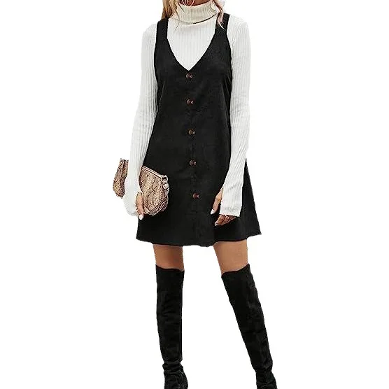 Strap Dress Women Corduroy Dresses A Line V Neck Sleeveless Single Breasted Sundress Office Lady Vestidos