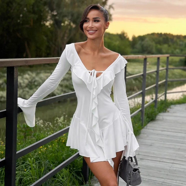 Dress Women Sexy Flounced Edge Dresses Irregular Lace Up V Neck Flare Sleeve Splice A Line Elegant Female Ruffles Vestidos