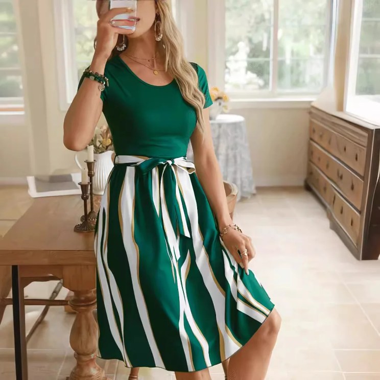 Dress Women Stripe Print Dresses Patchwork Round Collar Short Sleeve Office Lady Vestidos Lace Up Tight Waist A Line