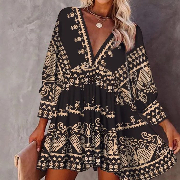 Print Dress Women V Neck Dresses Loose Fit Sexy Casual Vestidos Slight Strech Spliced Patchwork Long Sleeve