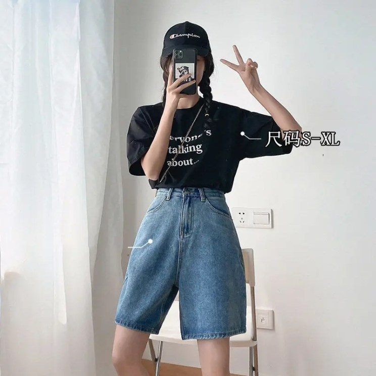 Women Jeans Wide Leg Pants Denim Shorts Jean Washed Knee Length Shorts Pockets High Waist Zipper Fly Distressed Casual