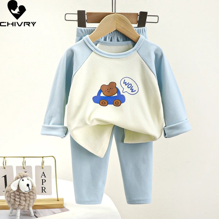 Boys Girls Warm Pajamas Kids Cute Cartoon Panda Long Sleeve T-Shirt + Pants Pyjamas Baby Underwear Clothing Sets