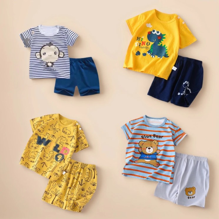 Kids Short Sleeve Shorts Outfits Cartoon Tshirt Casual Fashion Tops Clothing Baby Boys Girls Loose Cute Tees+shorts 2pcs